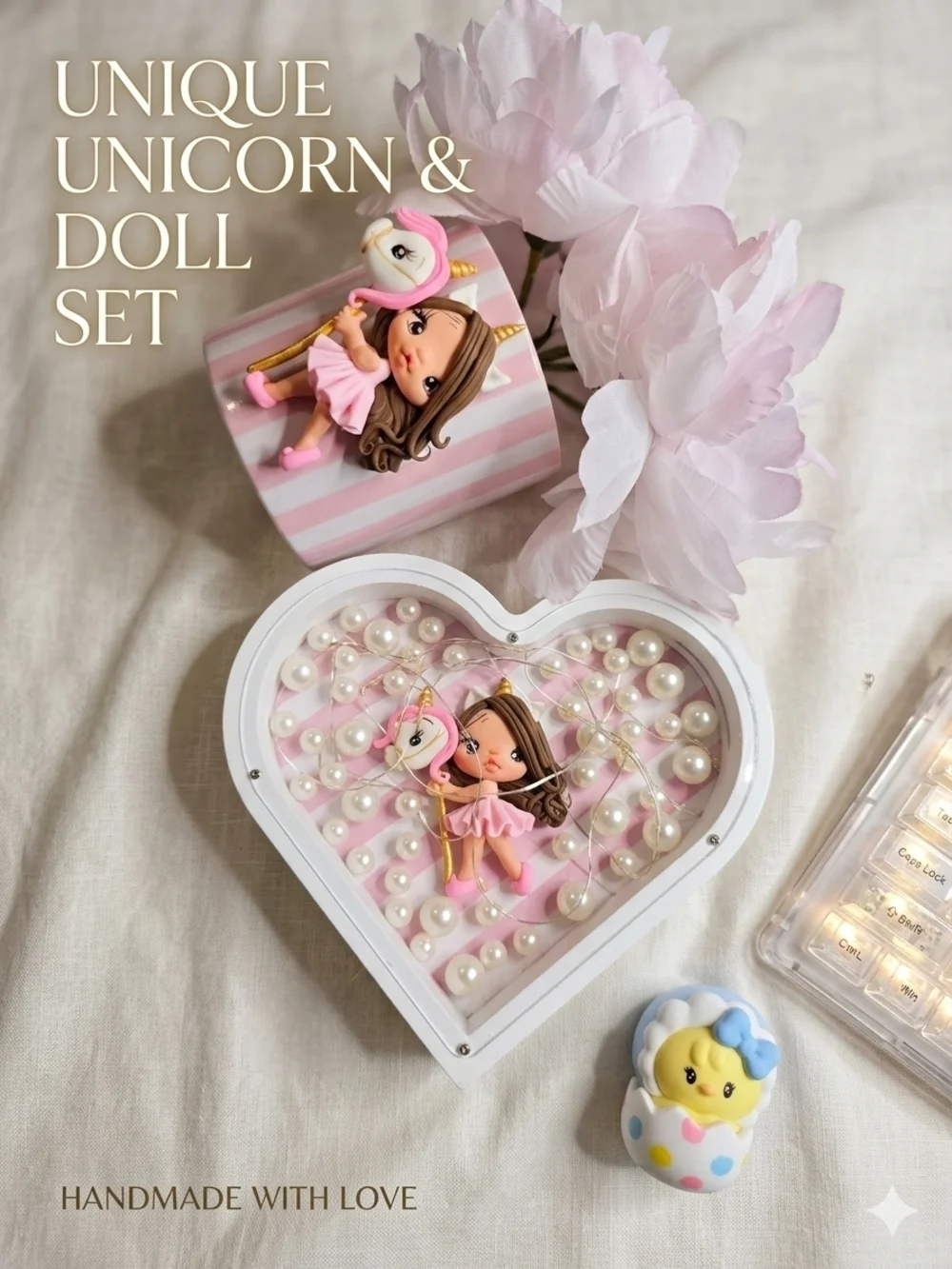 Handmade Clay Doll Unicorn Charm Gift Set - Pink Pearl Heart Shadow Box 2pc Set